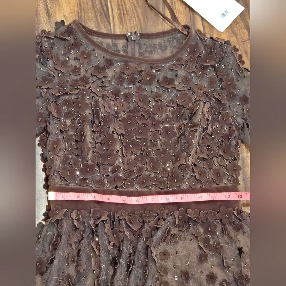 Mac Duggal Long Sleeve Fit & Flare Velvet Embellished Brown Floral Dress sz 2 - Picture 11 of 14
